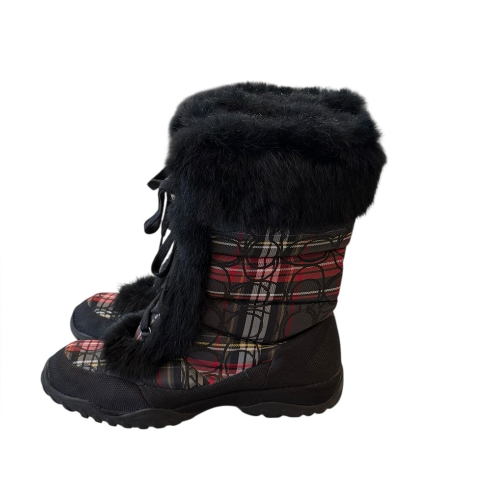 COACH Jennie Tartan Plaid Rabbit Fur Trim Lace Up Winter Snow Boots Size 9 - Picture 6 of 9
